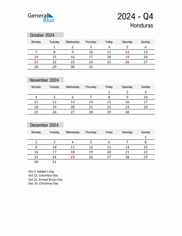 Honduras Quarter 4 2024 Calendar with Holidays