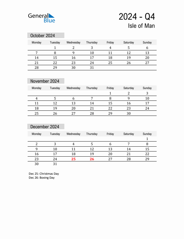 Isle of Man Quarter 4 2024 Calendar with Holidays