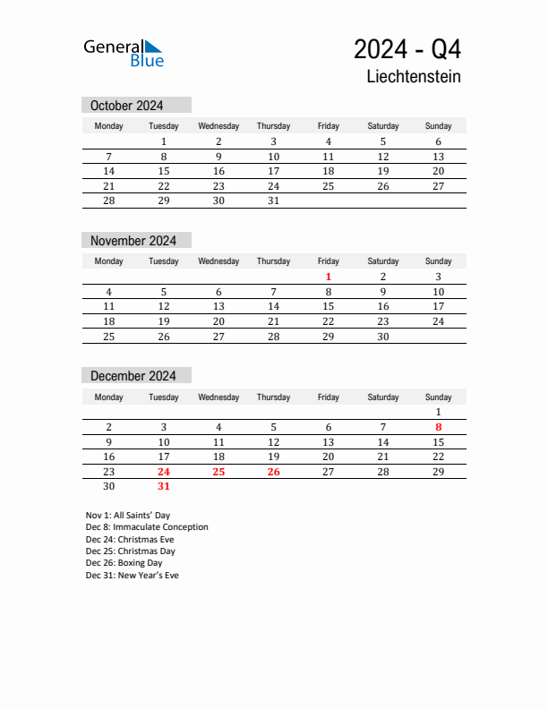 Liechtenstein Quarter 4 2024 Calendar with Holidays