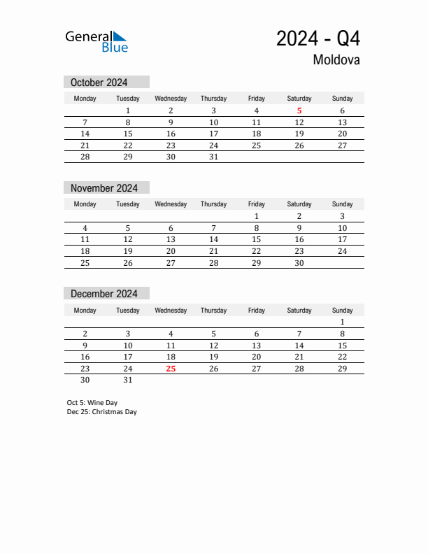 Moldova Quarter 4 2024 Calendar with Holidays