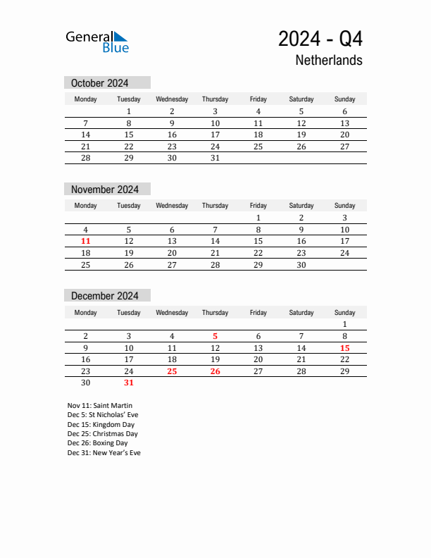 The Netherlands Quarter 4 2024 Calendar with Holidays