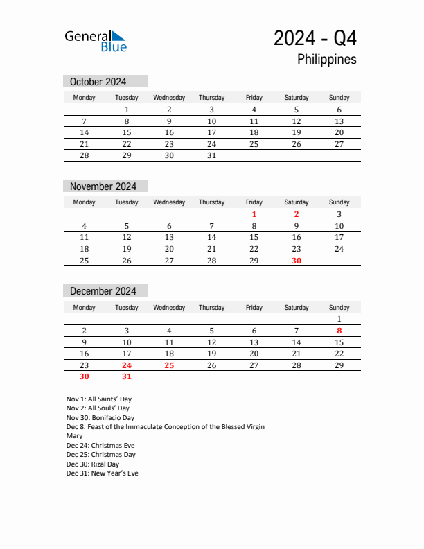 Philippines Quarter 4 2024 Calendar with Holidays