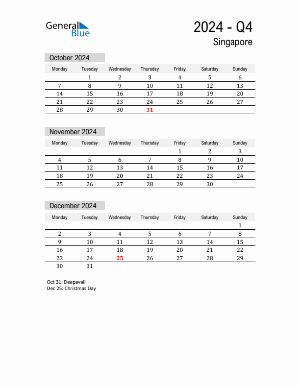 Singapore Quarter 4 2024 Calendar with Holidays