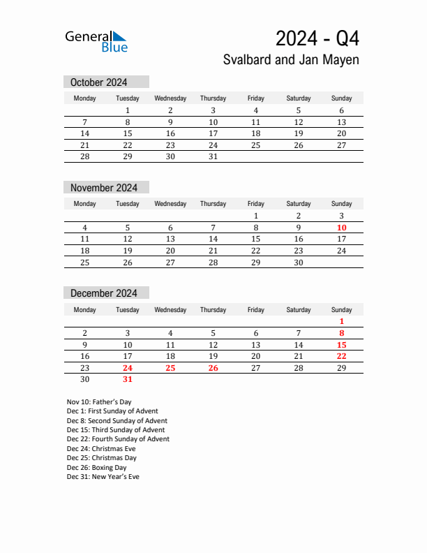 Svalbard and Jan Mayen Quarter 4 2024 Calendar with Holidays