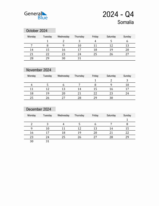 Somalia Quarter 4 2024 Calendar with Holidays