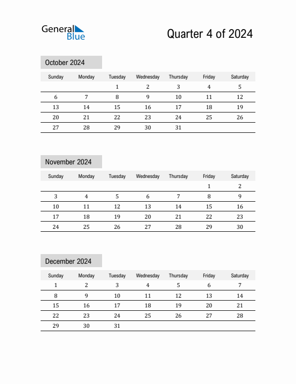 October, November, and December Calendar 2024