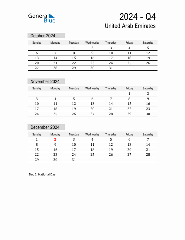 United Arab Emirates Quarter 4 2024 Calendar with Holidays