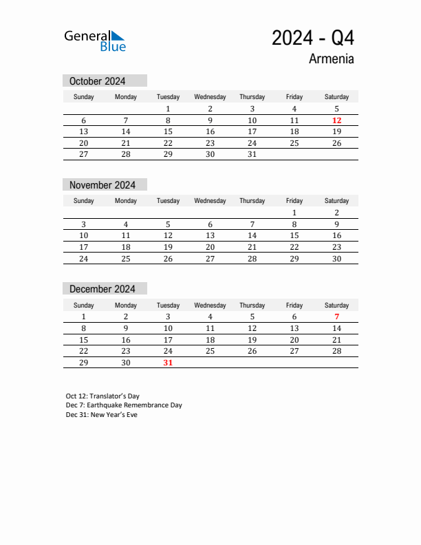 Armenia Quarter 4 2024 Calendar with Holidays