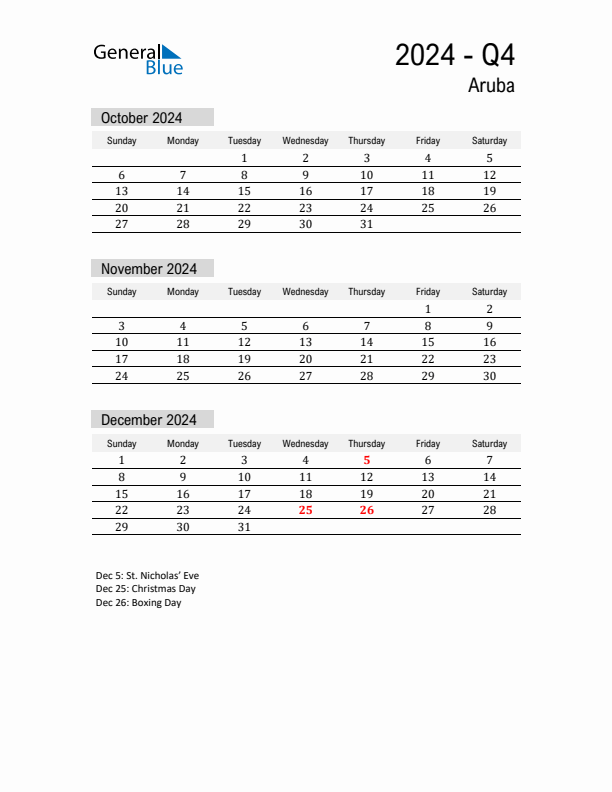 Aruba Quarter 4 2024 Calendar with Holidays