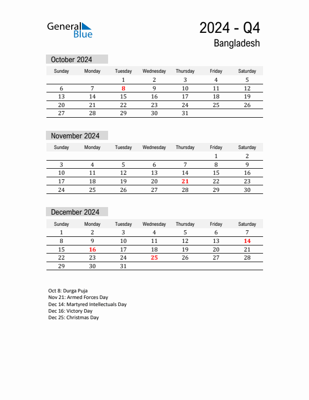 Bangladesh Quarter 4 2024 Calendar with Holidays