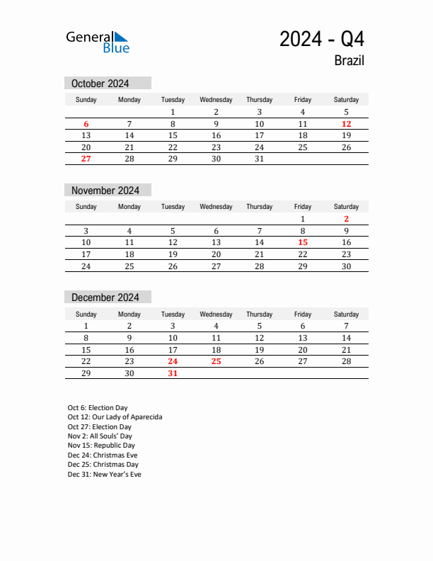 Brazil Quarter 4 2024 Calendar with Holidays