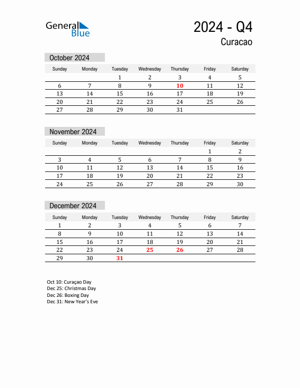 Curacao Quarter 4 2024 Calendar with Holidays