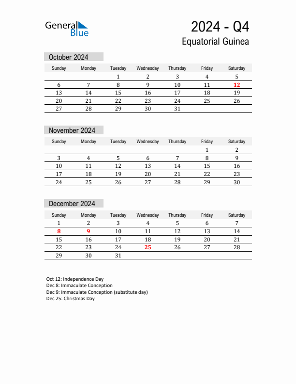Equatorial Guinea Quarter 4 2024 Calendar with Holidays
