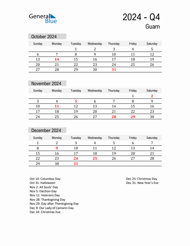 Guam Quarter 4 2024 Calendar with Holidays