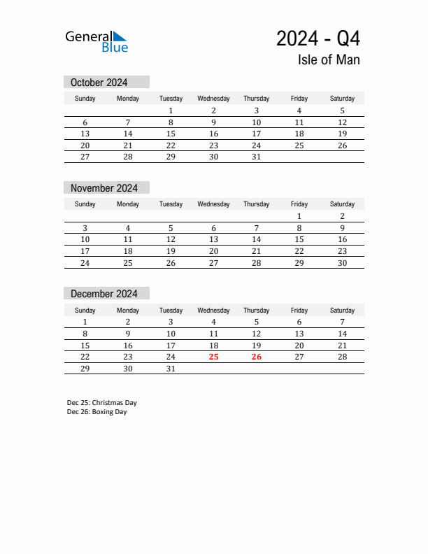 Isle of Man Quarter 4 2024 Calendar with Holidays