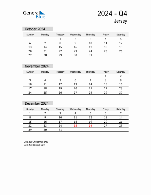 Jersey Quarter 4 2024 Calendar with Holidays