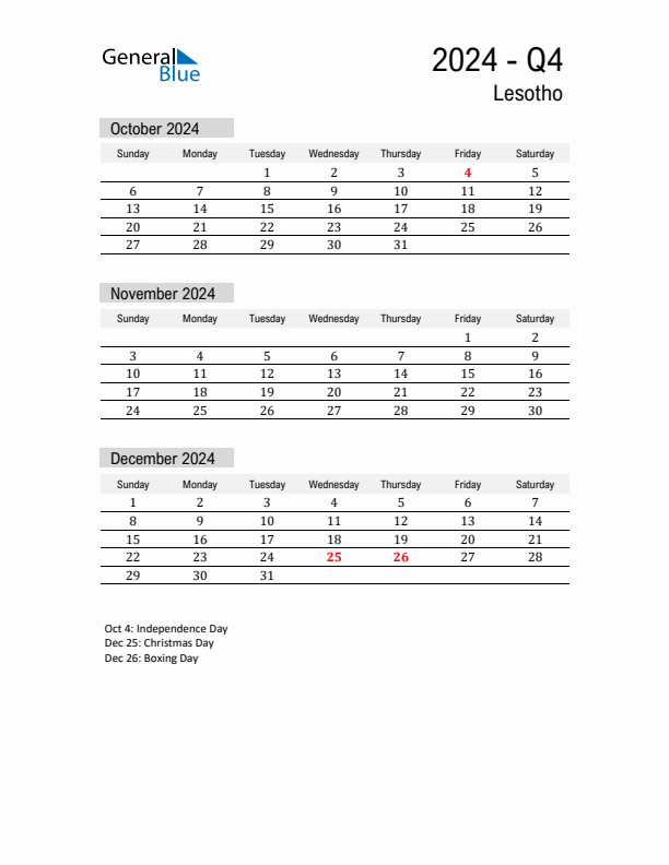 Lesotho Quarter 4 2024 Calendar with Holidays