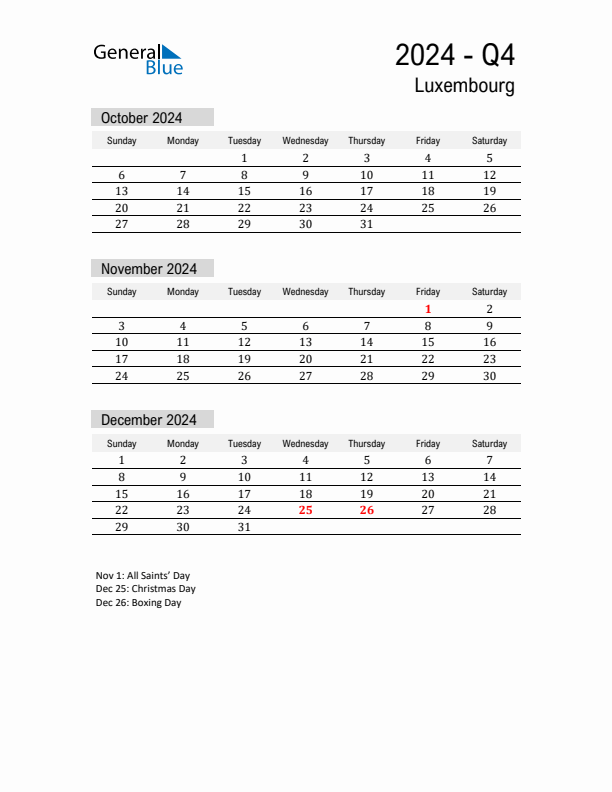 Luxembourg Quarter 4 2024 Calendar with Holidays