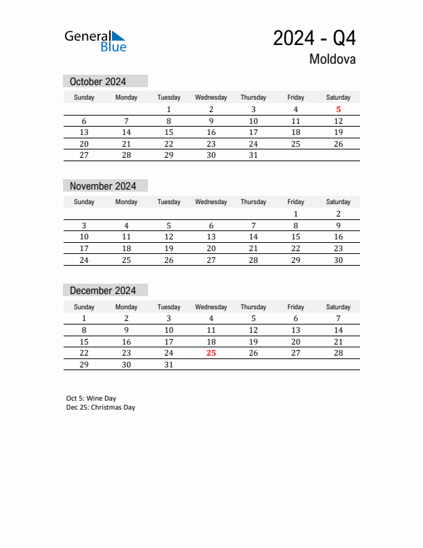 Moldova Quarter 4 2024 Calendar with Holidays