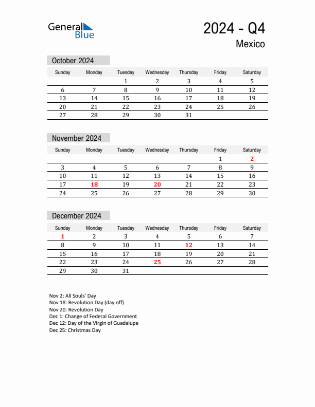 Mexico Quarter 4 2024 Calendar with Holidays