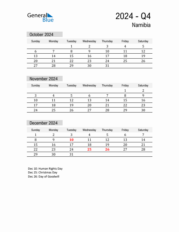 Namibia Quarter 4 2024 Calendar with Holidays