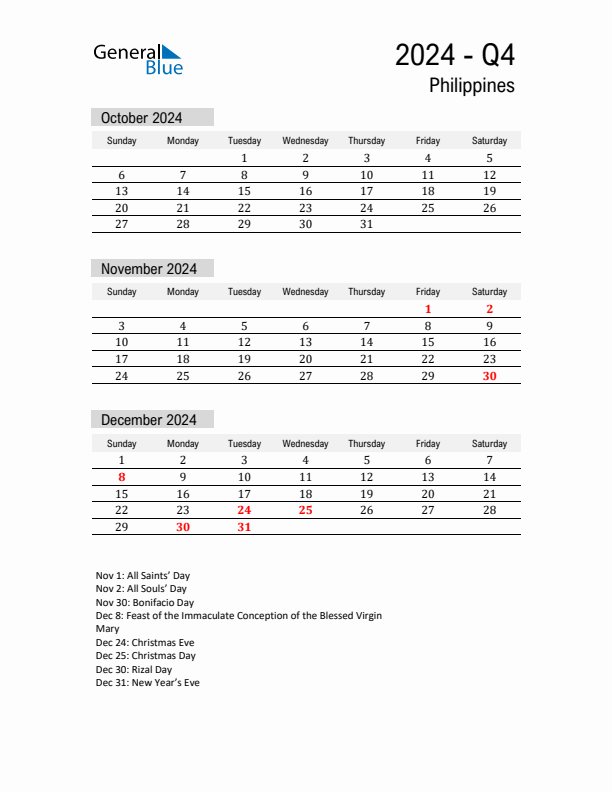 Philippines Quarter 4 2024 Calendar with Holidays