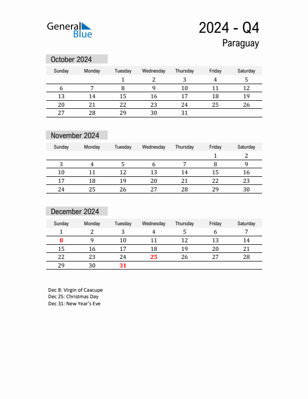 Paraguay Quarter 4 2024 Calendar with Holidays