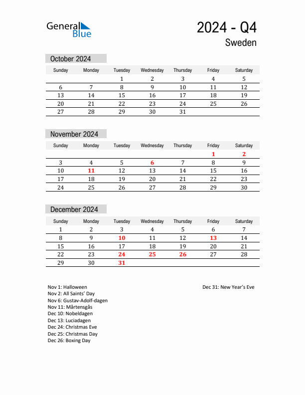 Sweden Quarter 4 2024 Calendar with Holidays