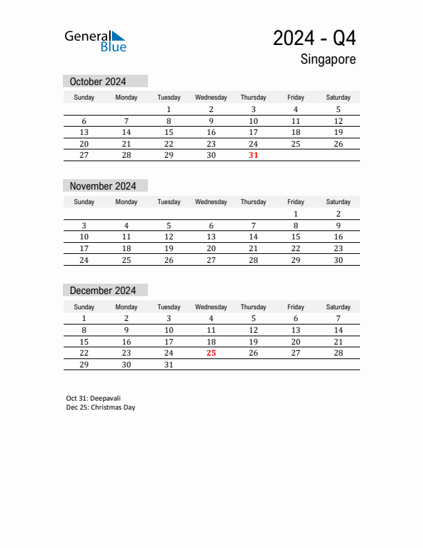 Singapore Quarter 4 2024 Calendar with Holidays