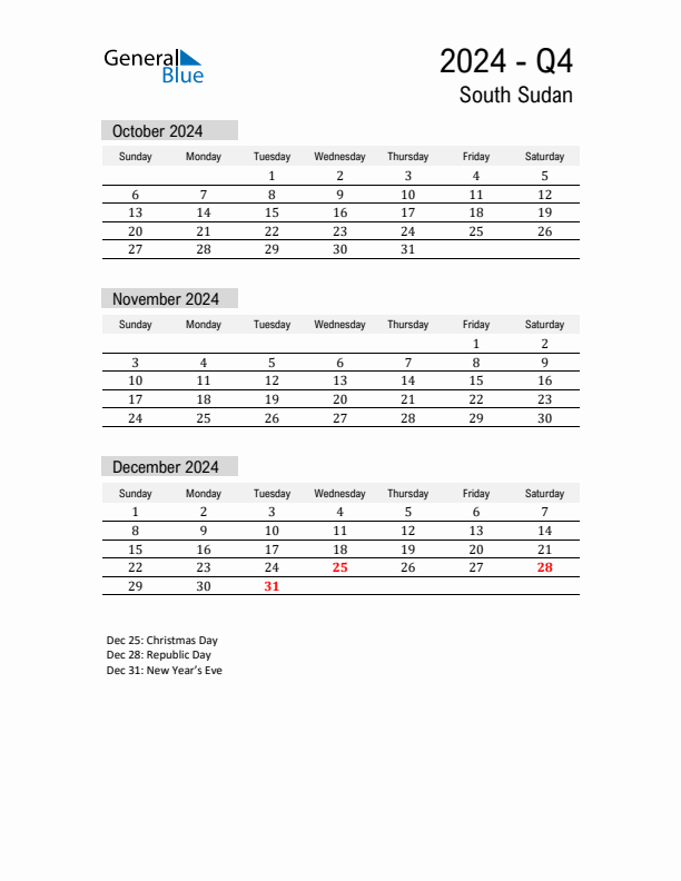 South Sudan Quarter 4 2024 Calendar with Holidays