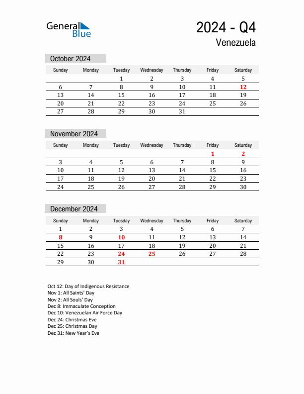 Venezuela Quarter 4 2024 Calendar with Holidays