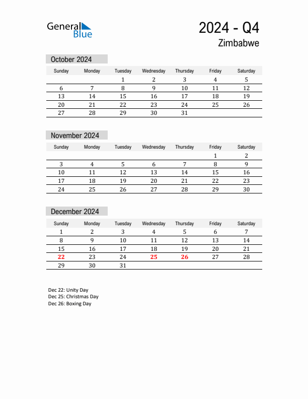 Zimbabwe Quarter 4 2024 Calendar with Holidays