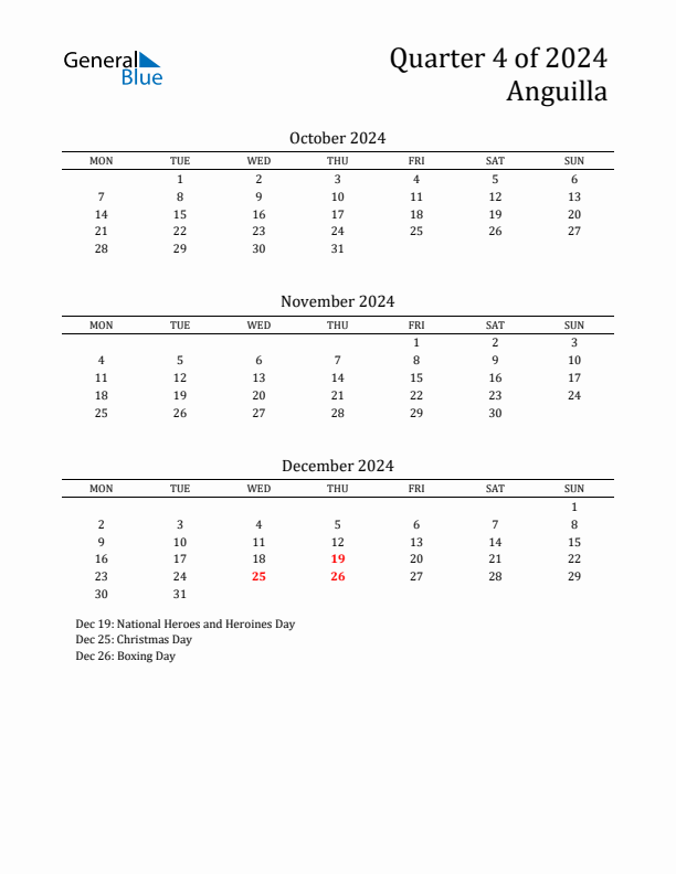 Quarter 4 2024 Anguilla Quarterly Calendar