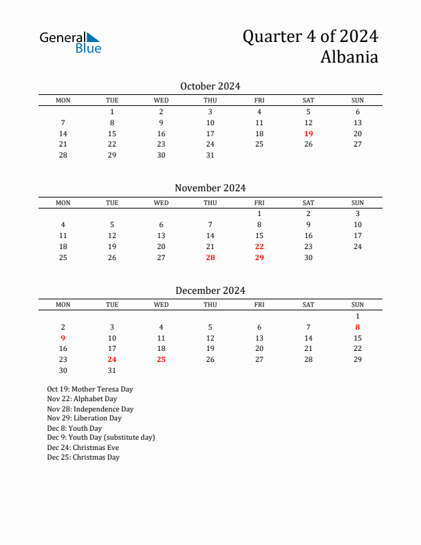 Quarter 4 2024 Albania Quarterly Calendar