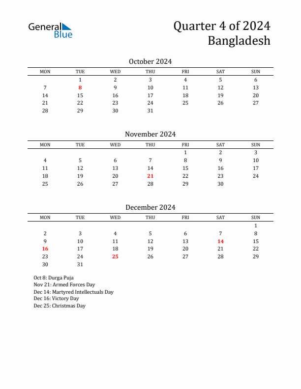 Quarter 4 2024 Bangladesh Quarterly Calendar