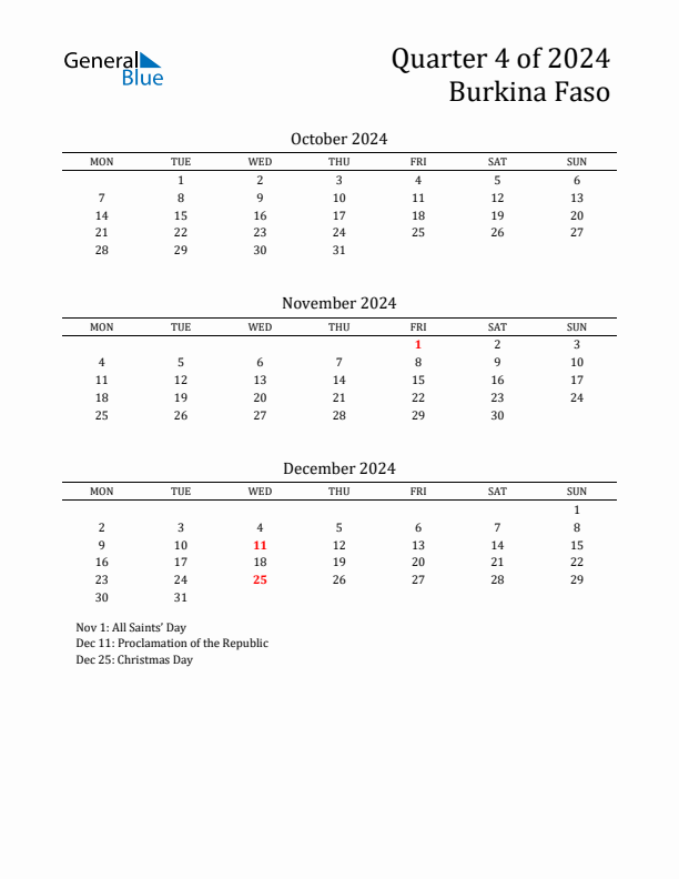 Quarter 4 2024 Burkina Faso Quarterly Calendar