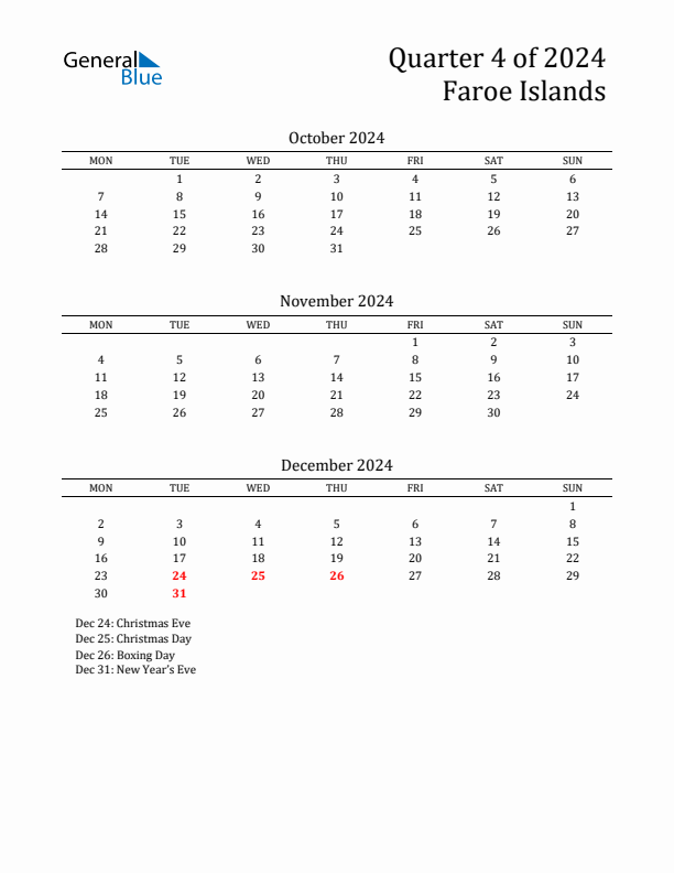 Quarter 4 2024 Faroe Islands Quarterly Calendar