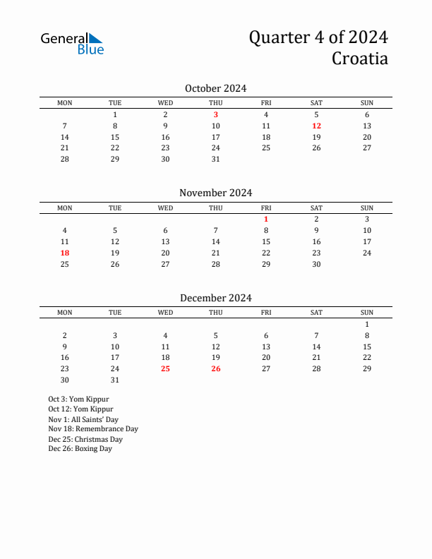 Quarter 4 2024 Croatia Quarterly Calendar