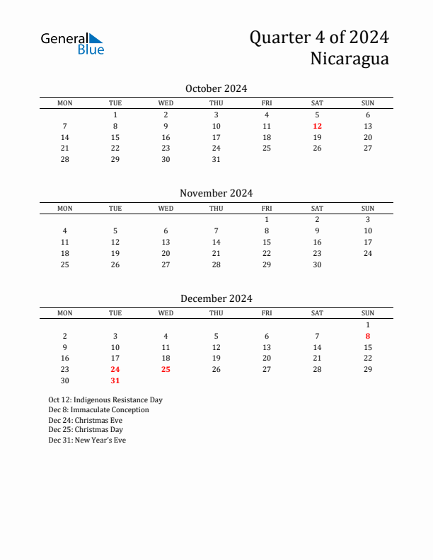 Quarter 4 2024 Nicaragua Quarterly Calendar