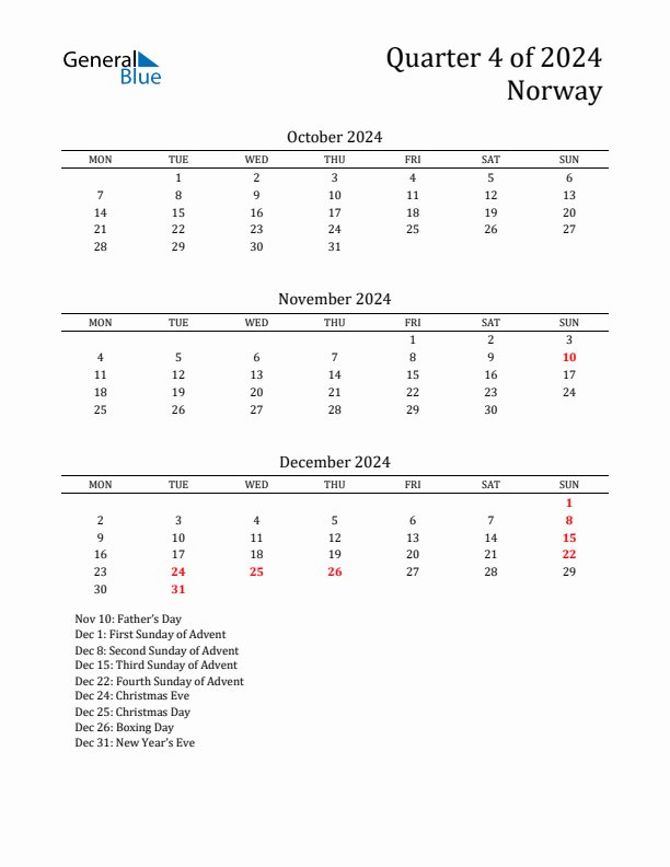 Quarter 4 2024 Norway Quarterly Calendar