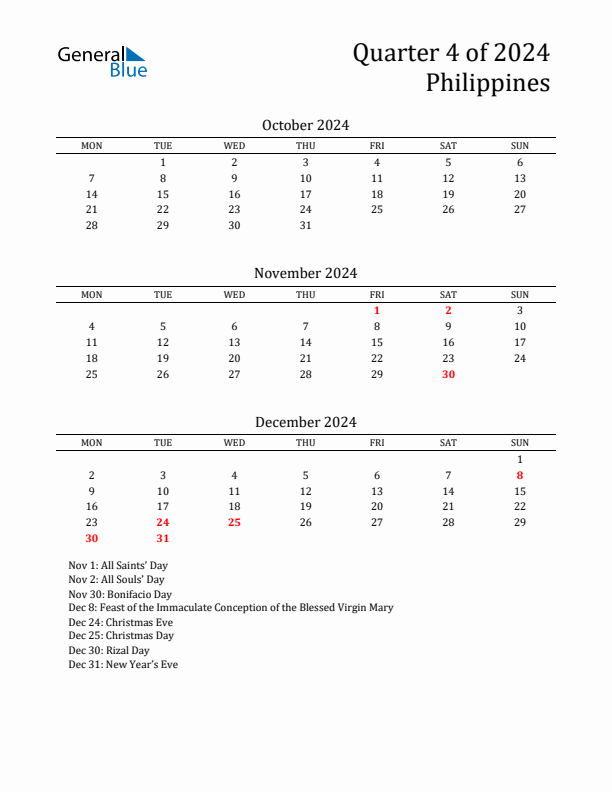 Quarter 4 2024 Philippines Quarterly Calendar