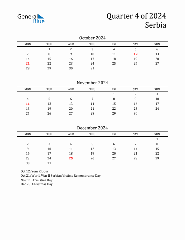 Quarter 4 2024 Serbia Quarterly Calendar