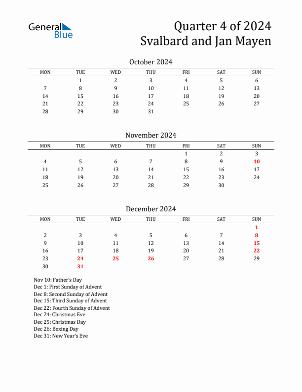 Quarter 4 2024 Svalbard and Jan Mayen Quarterly Calendar