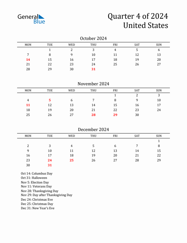 Quarter 4 2024 United States Quarterly Calendar