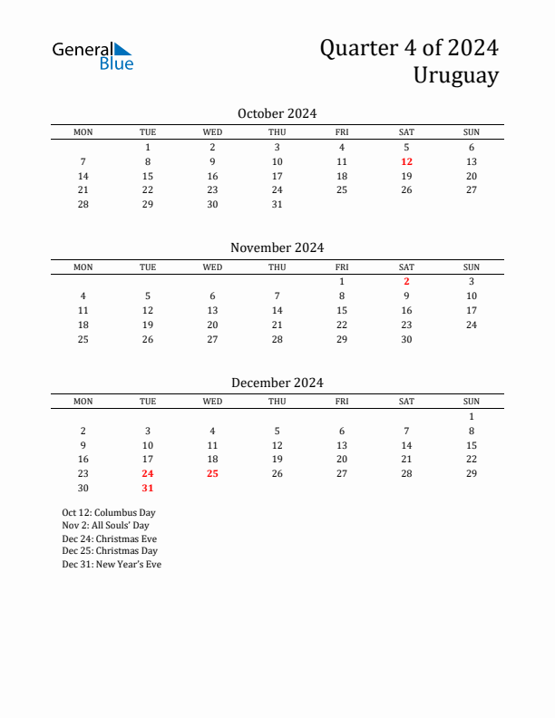 Quarter 4 2024 Uruguay Quarterly Calendar