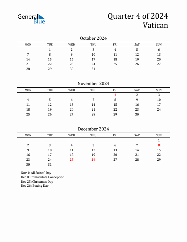 Quarter 4 2024 Vatican Quarterly Calendar