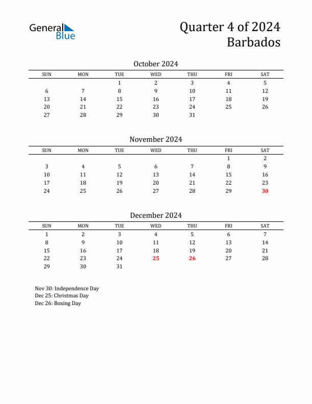 Quarter 4 2024 Barbados Quarterly Calendar