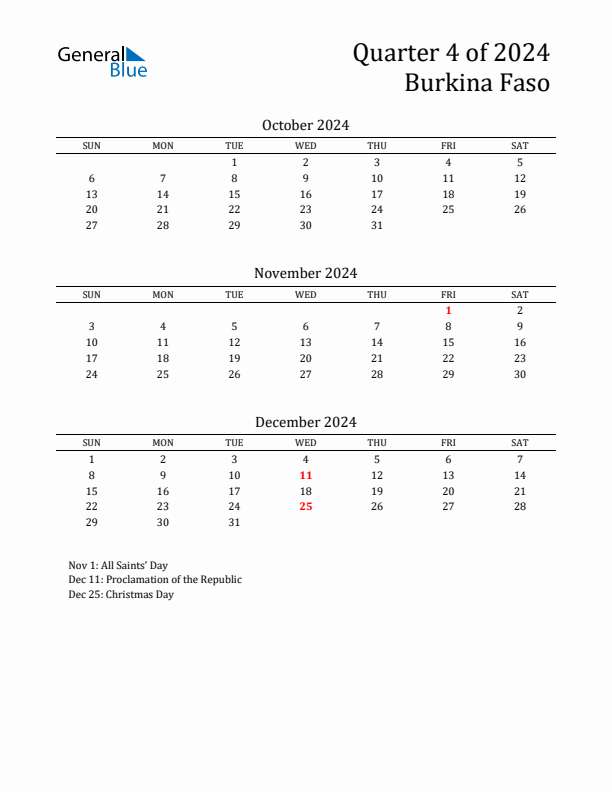 Quarter 4 2024 Burkina Faso Quarterly Calendar