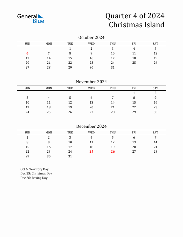 Quarter 4 2024 Christmas Island Quarterly Calendar