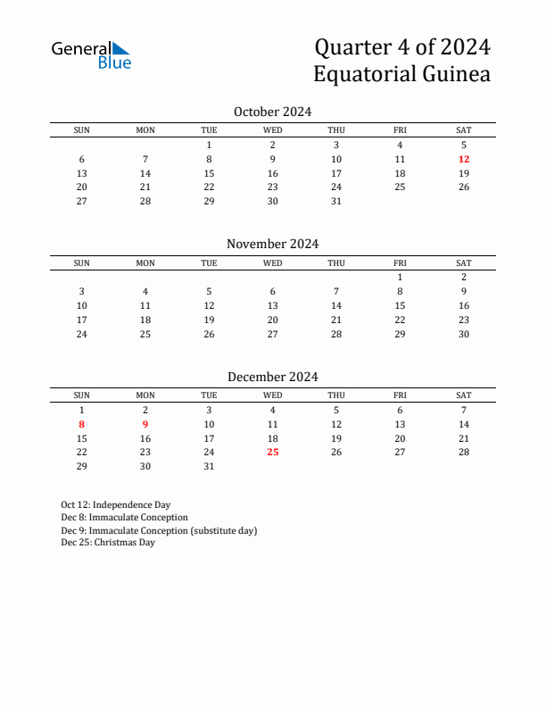 Quarter 4 2024 Equatorial Guinea Quarterly Calendar